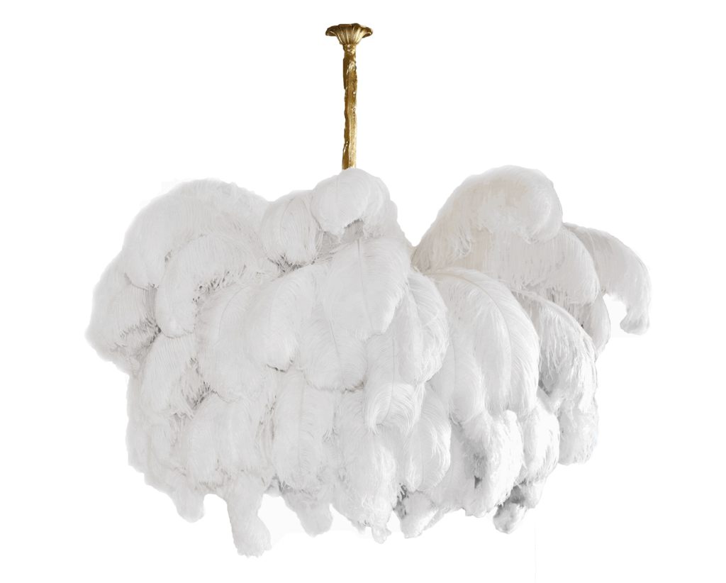 Chandelier, Ostrich Feather Shade, Brass Base, 6x G9, 110 cm