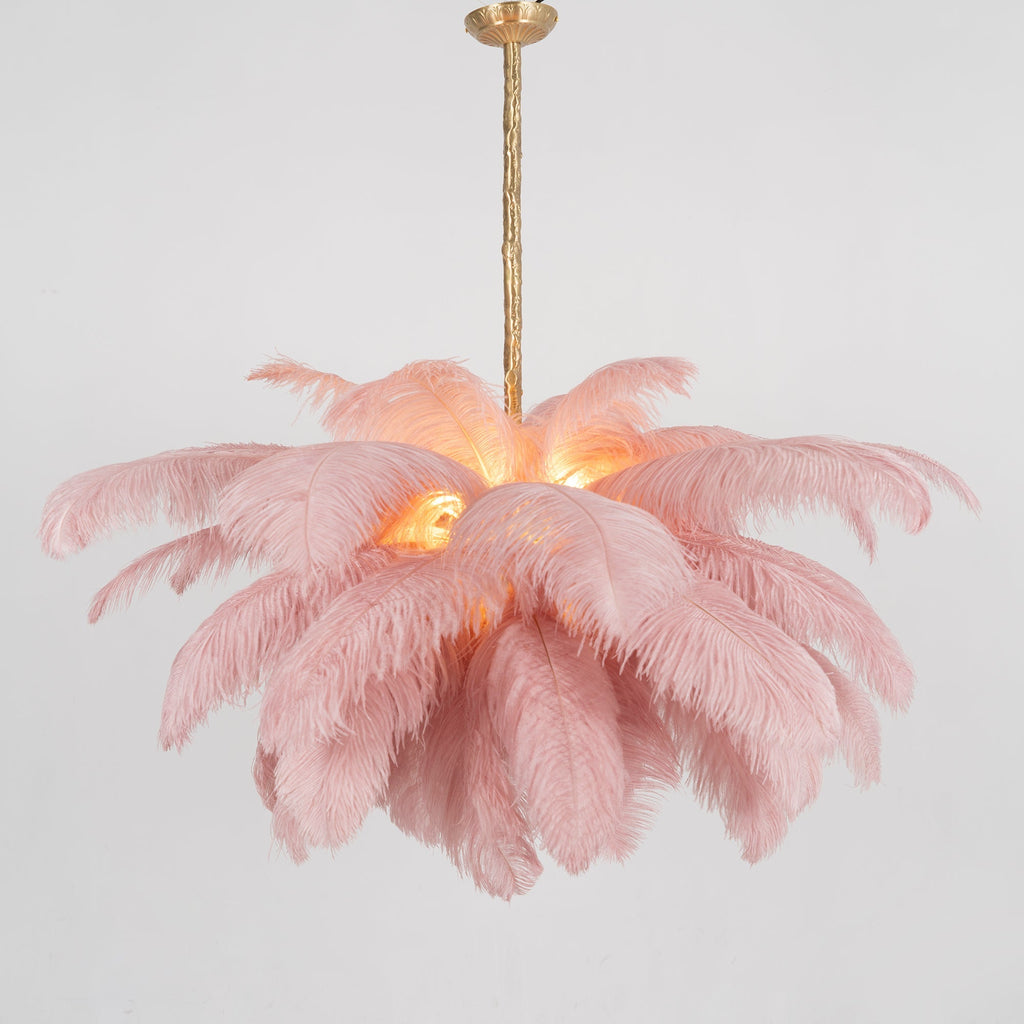 Chandelier, Ostrich Feather Shade, Brass Base, 6x G9, 110 cm