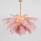Chandelier, Ostrich Feather Shade, Brass Base, 6x G9, 110 cm