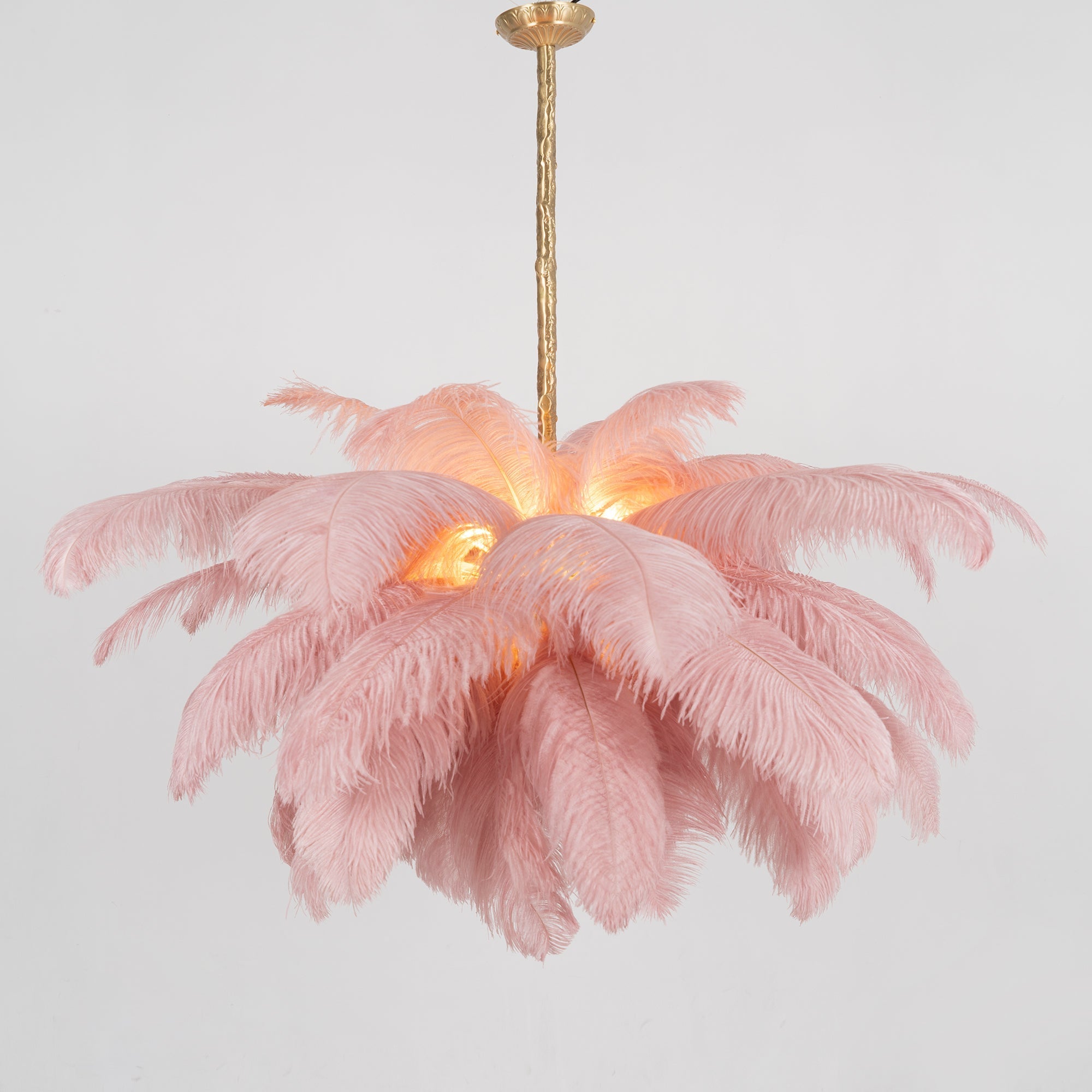 Chandelier, Ostrich Feather Shade, Brass Base, 6x G9, 110 cm