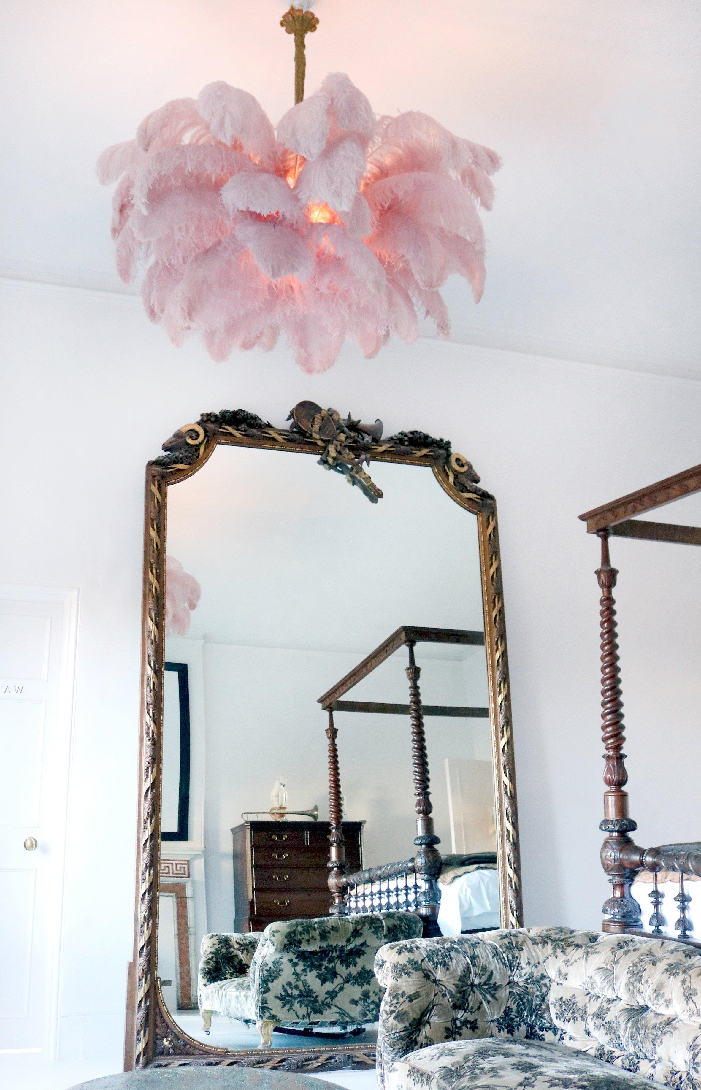 Chandelier, Ostrich Feather Shade, Brass Base, 6x G9, 110 cm