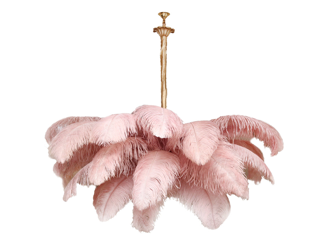 Chandelier, Ostrich Feather Shade, Brass Base, 6x G9, 110 cm