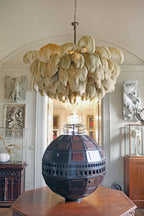 Chandelier, Ostrich Feather Shade, Brass Base, 6x G9, 110 cm