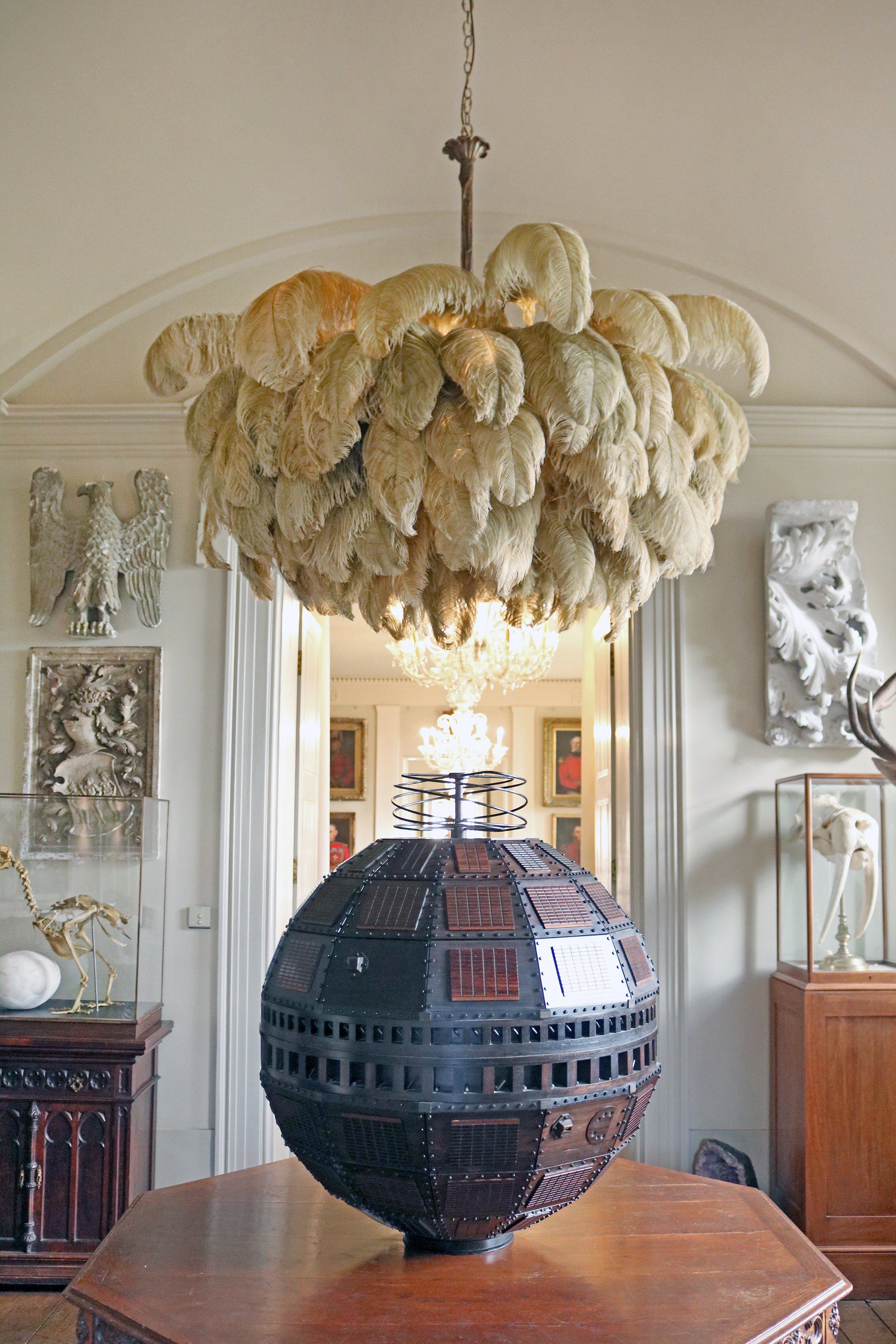 Chandelier, Ostrich Feather Shade, Brass Base, 6x G9, 110 cm