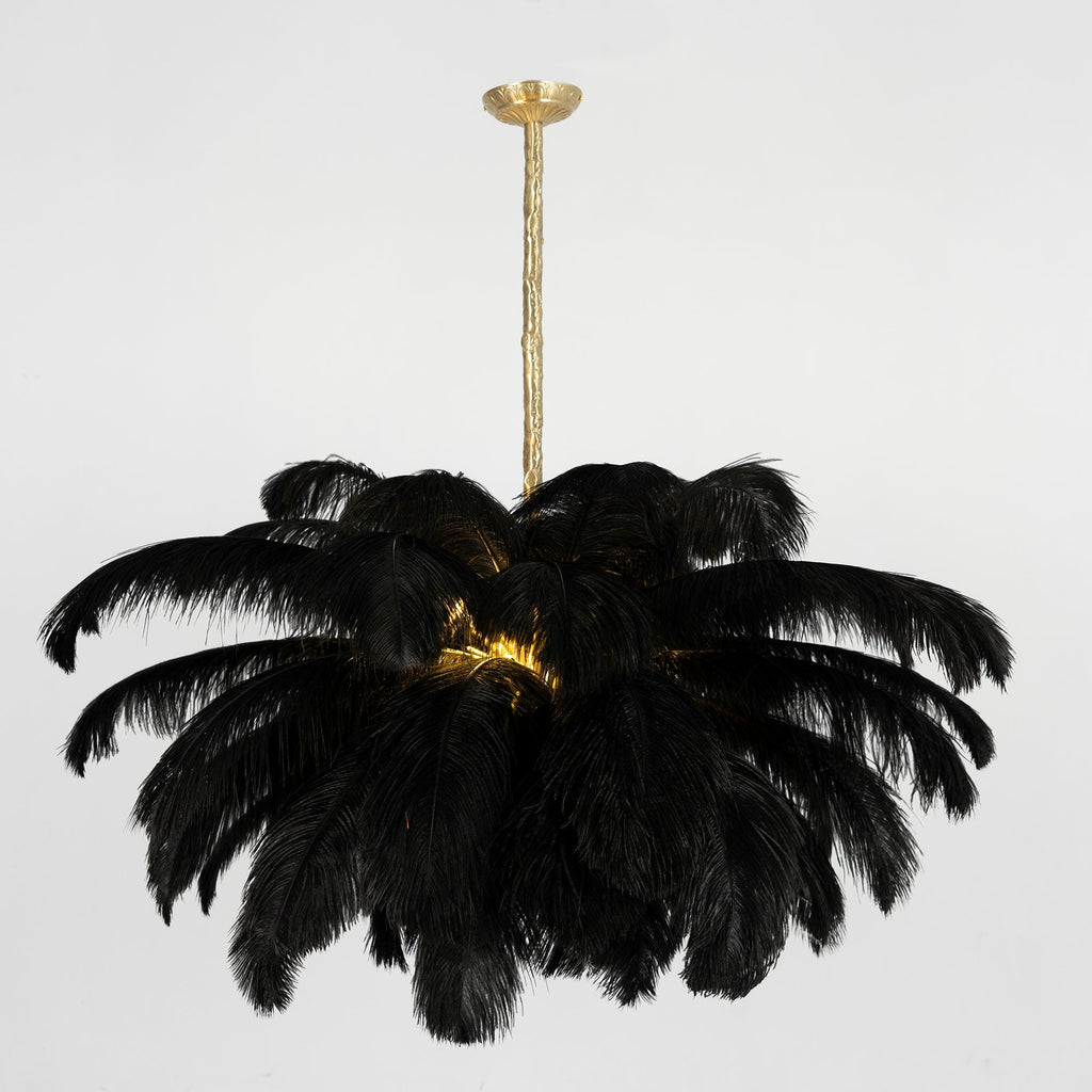 Chandelier, Ostrich Feather Shade, Brass Base, 6x G9, 110 cm