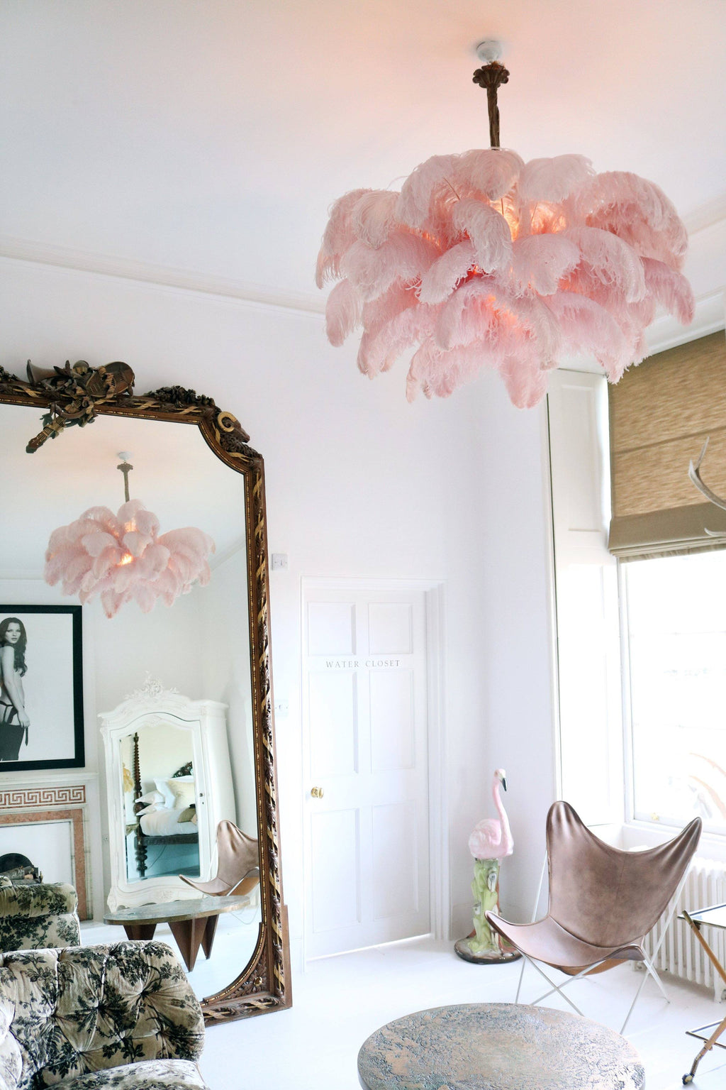 Chandelier, Ostrich Feather Shade, Brass Base, 6x G9, 110 cm