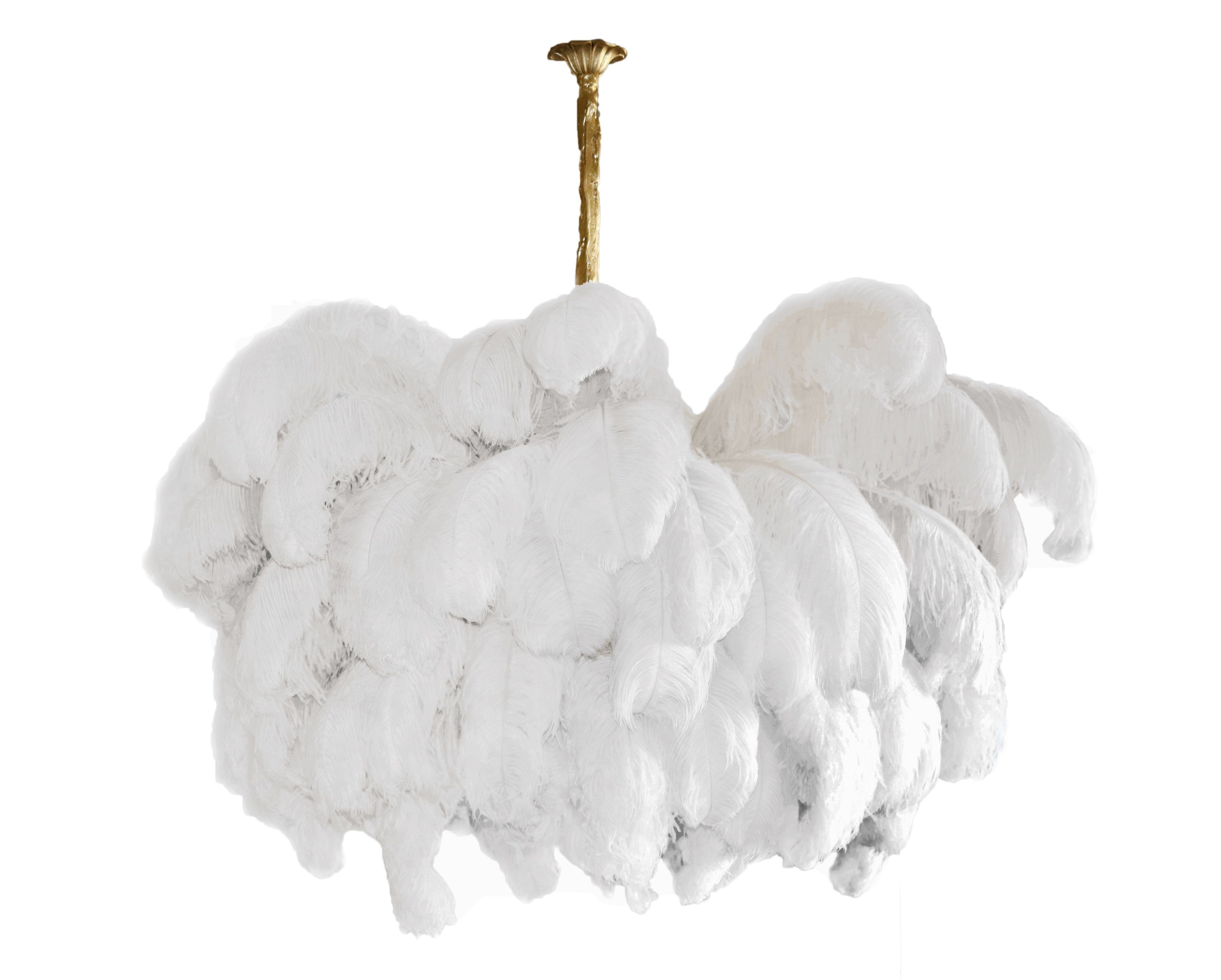 Chandelier, Ostrich Feather Shade, Brass Base, 6x G9, 110 cm