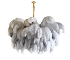 Chandelier, Ostrich Feather Shade, Brass Base, 6x G9, 110 cm