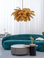 Chandelier, Ostrich Feather Shade, Brass Base, 6x G9, 110 cm