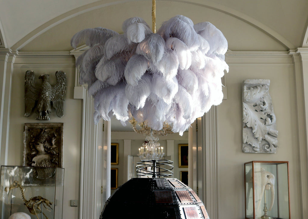 Chandelier, Ostrich Feather Shade, Brass Base, 6x G9, 110 cm