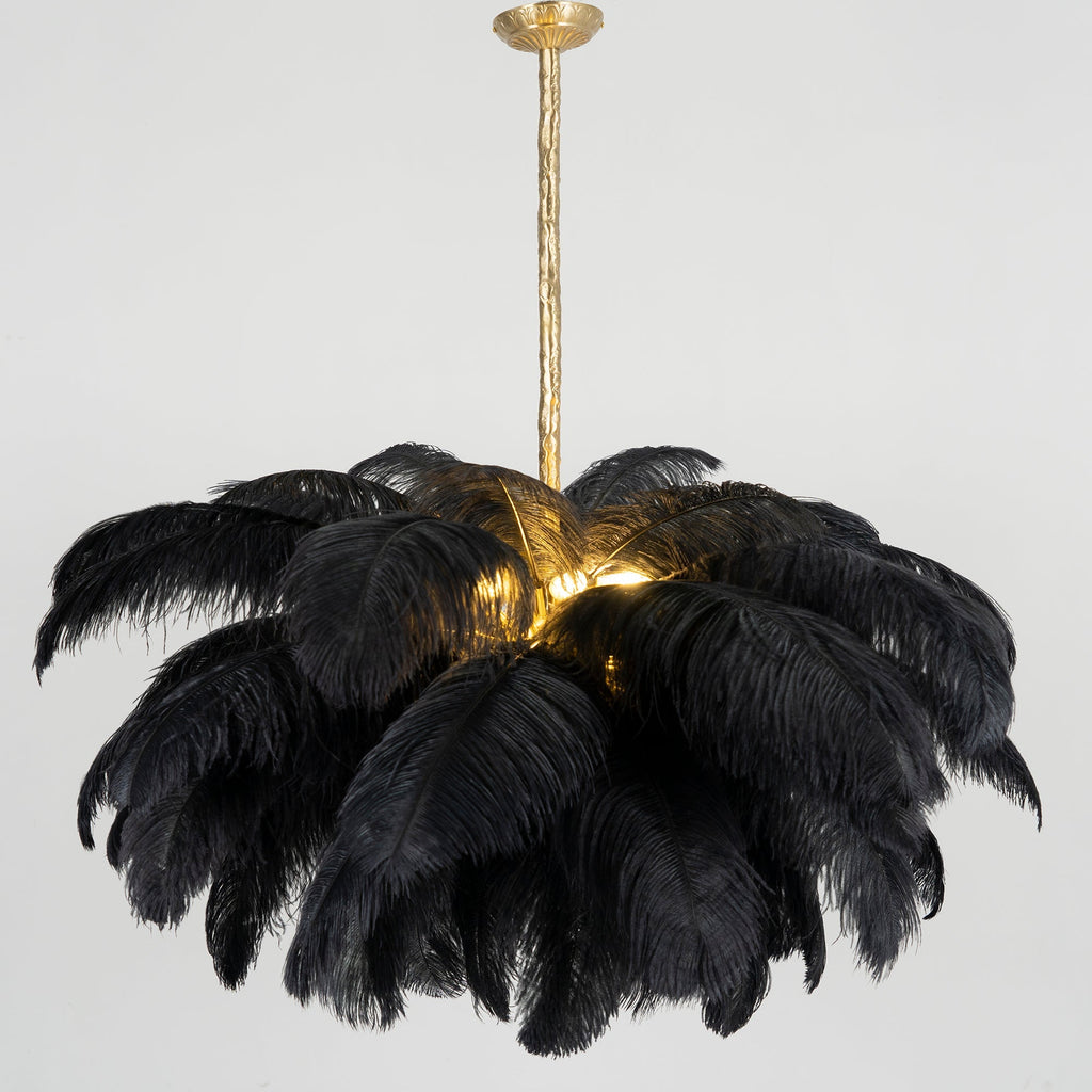 Chandelier, Ostrich Feather Shade, Brass Base, 6x G9, 110 cm