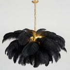 Chandelier, Ostrich Feather Shade, Brass Base, 6x G9, 110 cm