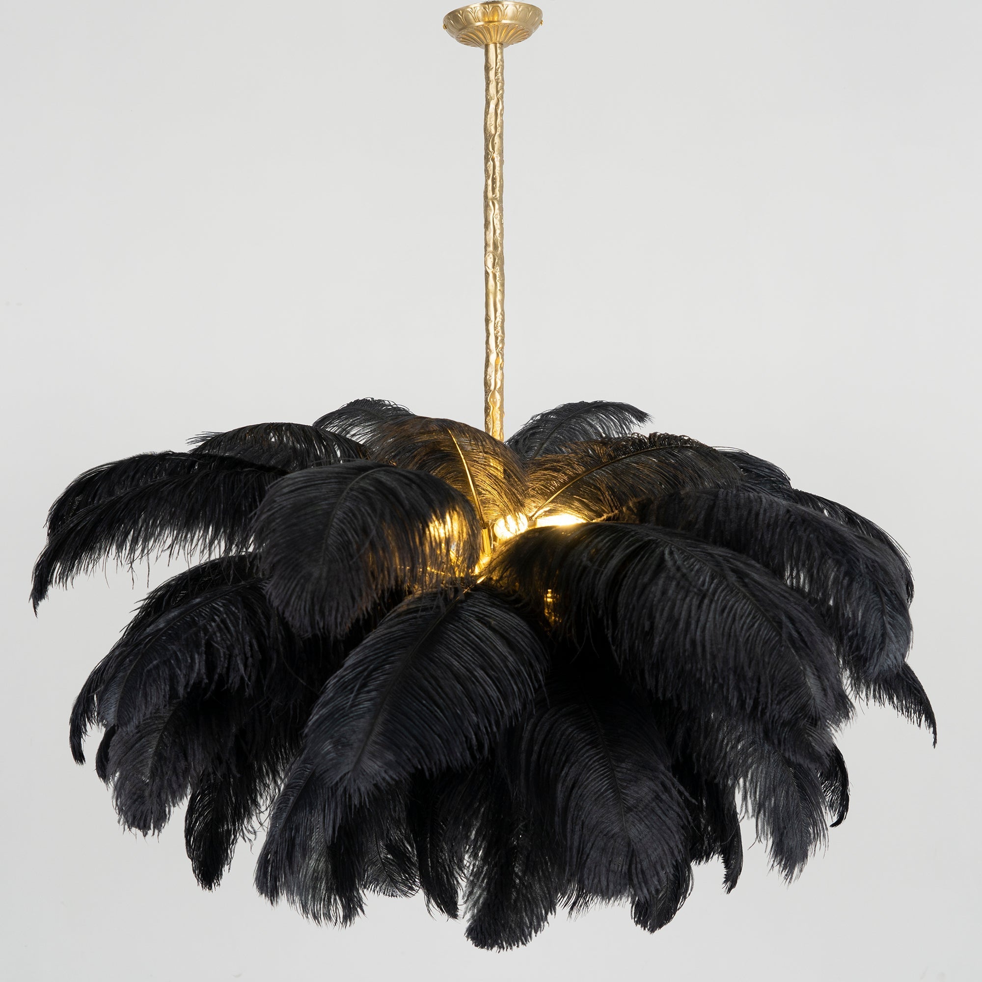 Chandelier, Ostrich Feather Shade, Brass Base, 6x G9, 110 cm