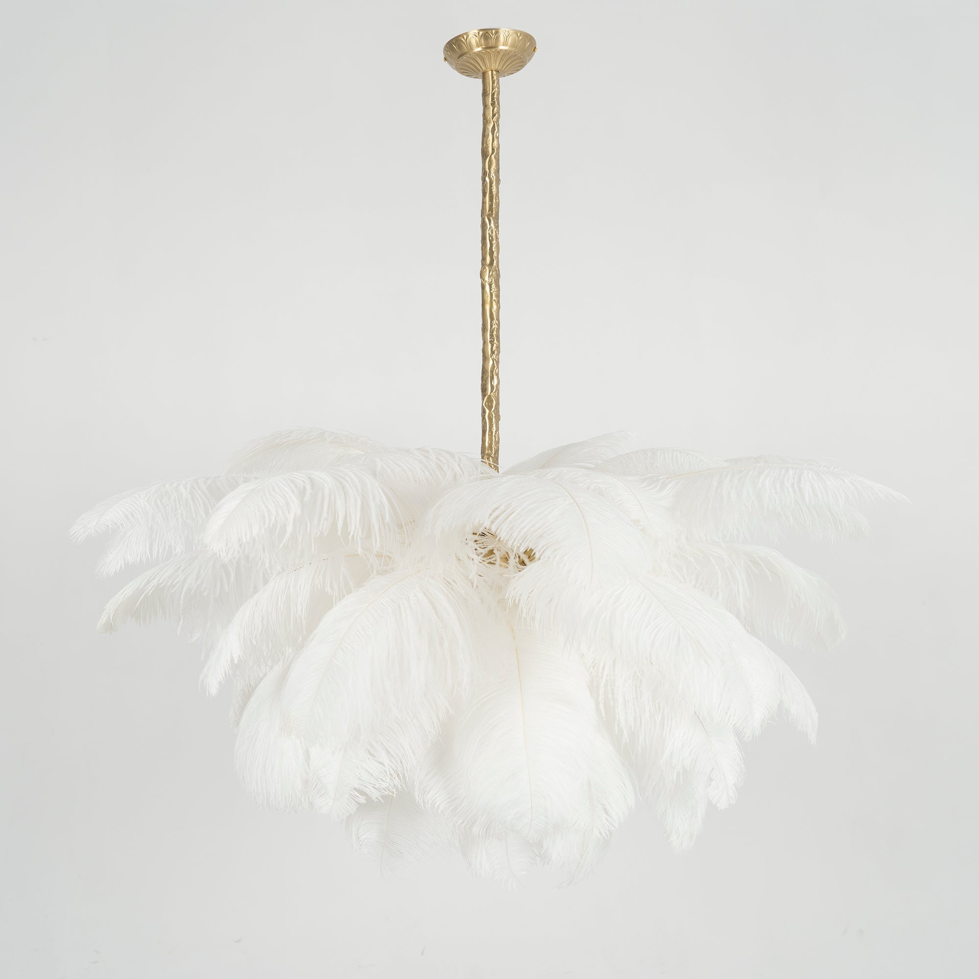 Chandelier, Ostrich Feather Shade, Brass Base, 6x G9, 110 cm
