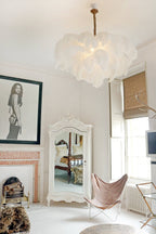 Chandelier, Ostrich Feather Shade, Brass Base, 6x G9, 110 cm