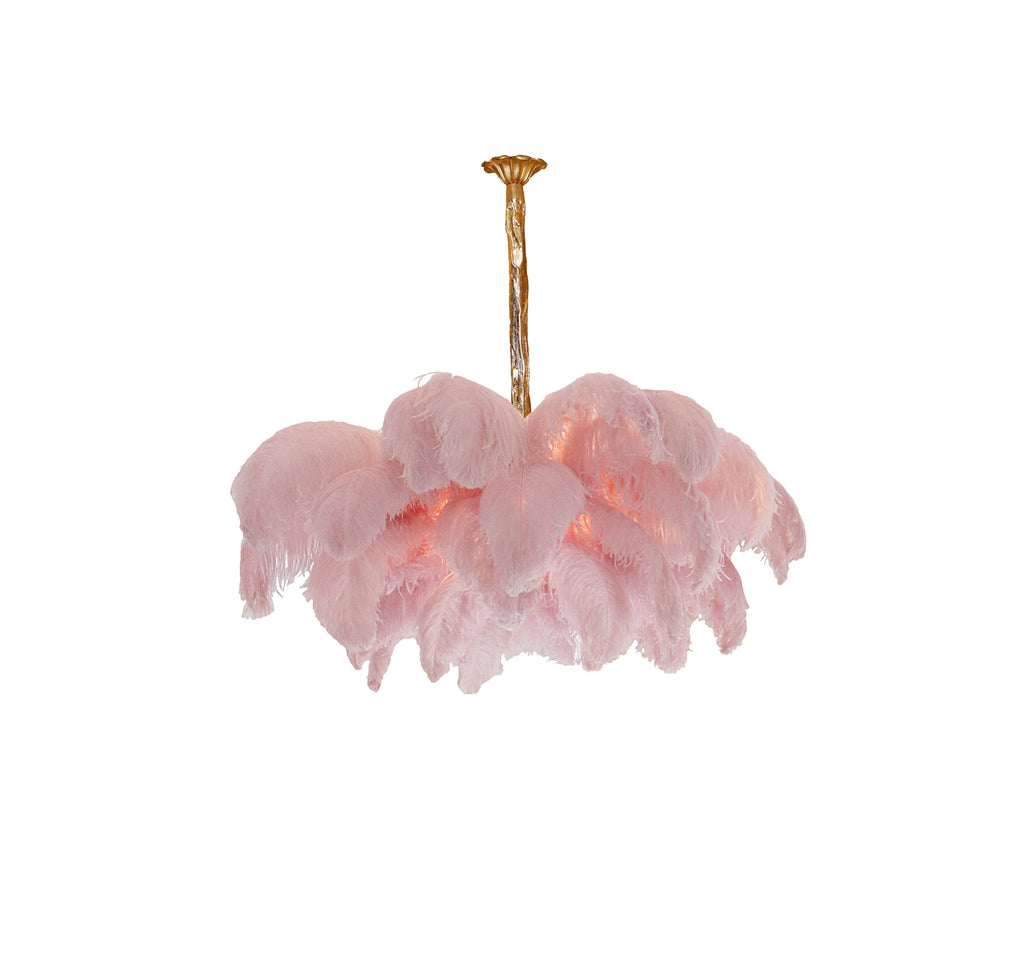 Chandelier, Ostrich Feather Shade, Brass Base, 6x G9, 110 cm