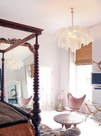 Chandelier, Ostrich Feather Shade, Brass Base, 6x G9, 110 cm