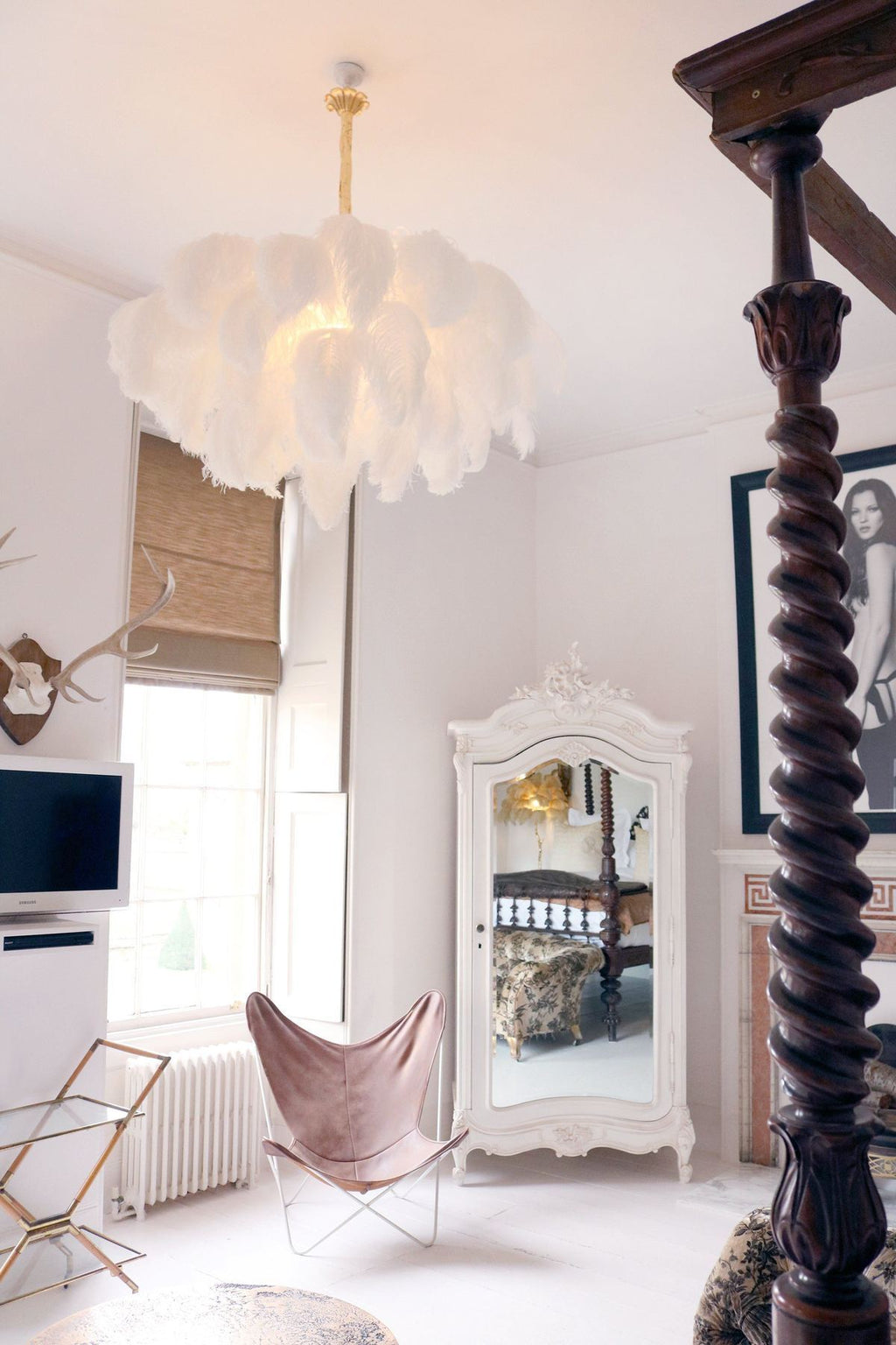 Chandelier, Ostrich Feather Shade, Brass Base, 6x G9, 110 cm