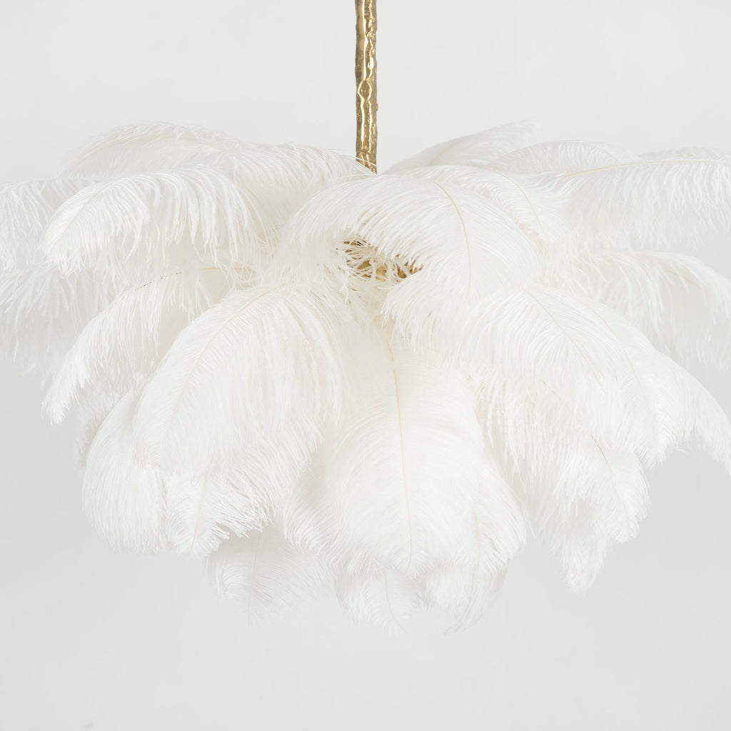 Chandelier, Ostrich Feather Shade, Brass Base, 6x G9, 110 cm