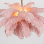 Chandelier, Ostrich Feather Shade, Brass Base, 6x G9, 110 cm