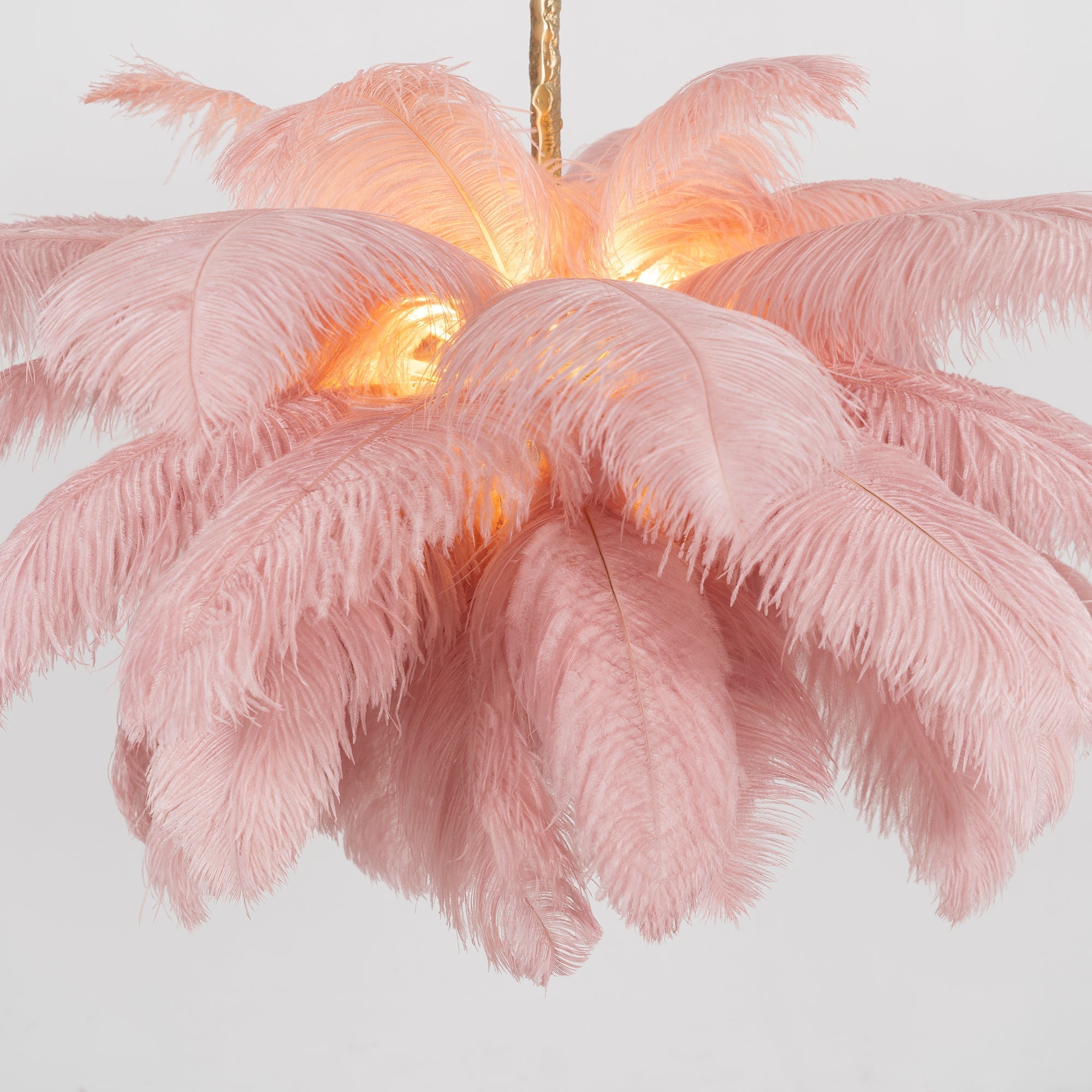 Chandelier, Ostrich Feather Shade, Brass Base, 6x G9, 110 cm