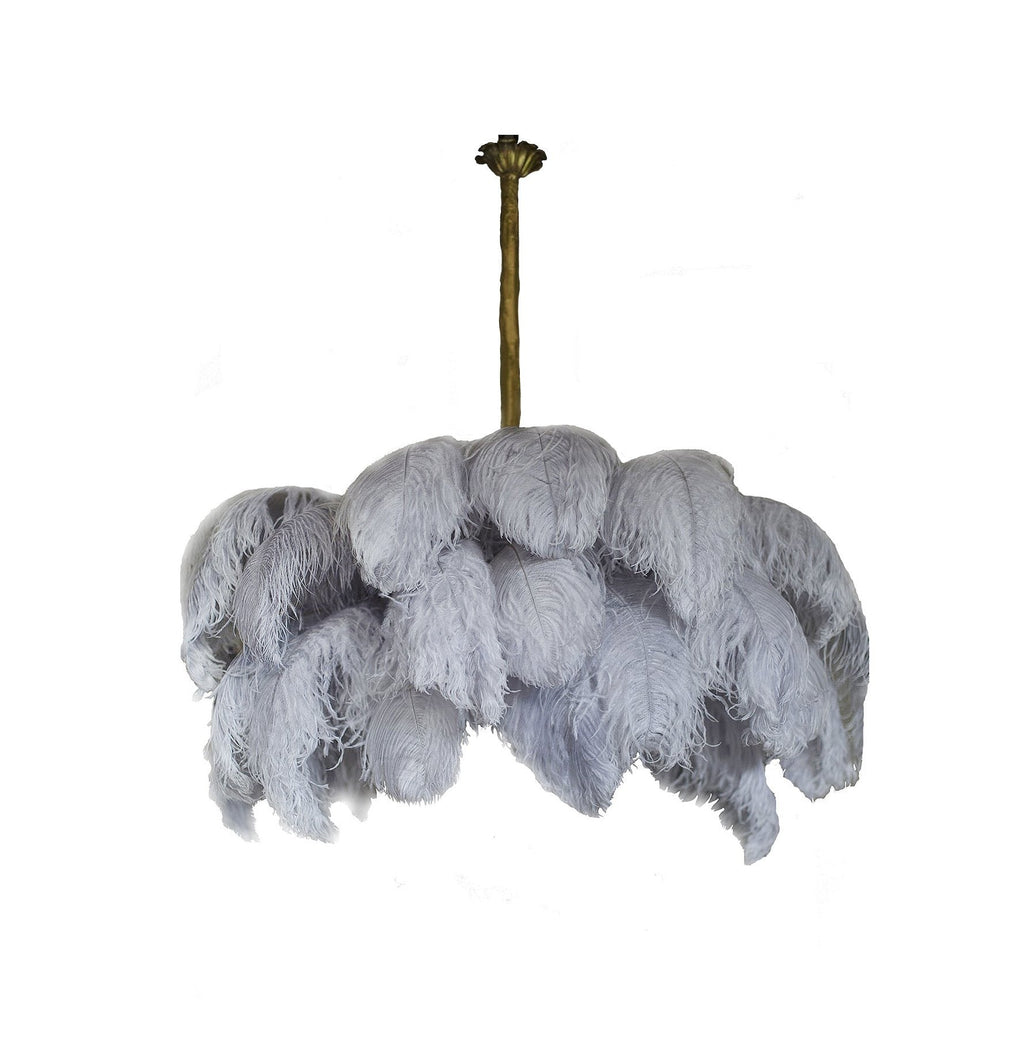 Chandelier, Ostrich Feather Shade, Brass Base, 6x G9, 110 cm
