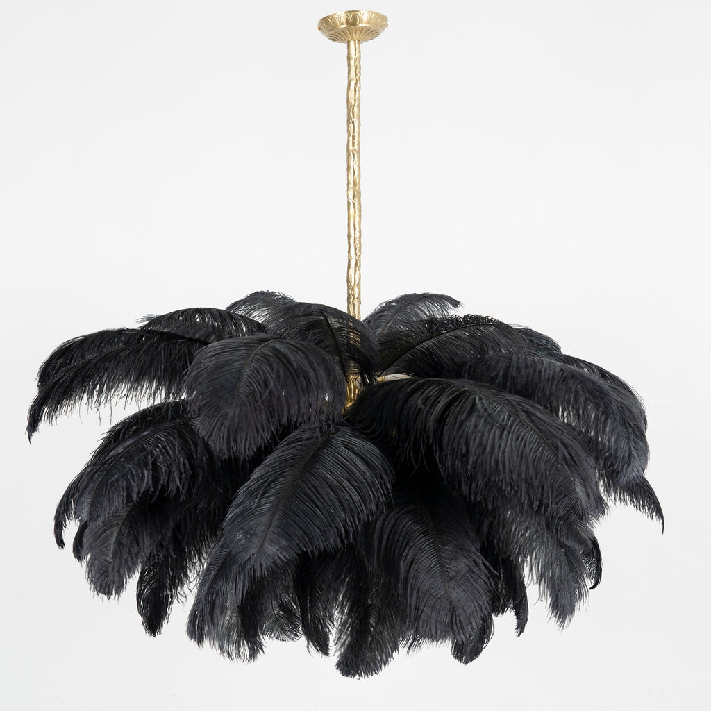 Chandelier, Ostrich Feather Shade, Brass Base, 6x G9, 110 cm
