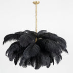 Chandelier, Ostrich Feather Shade, Brass Base, 6x G9, 110 cm