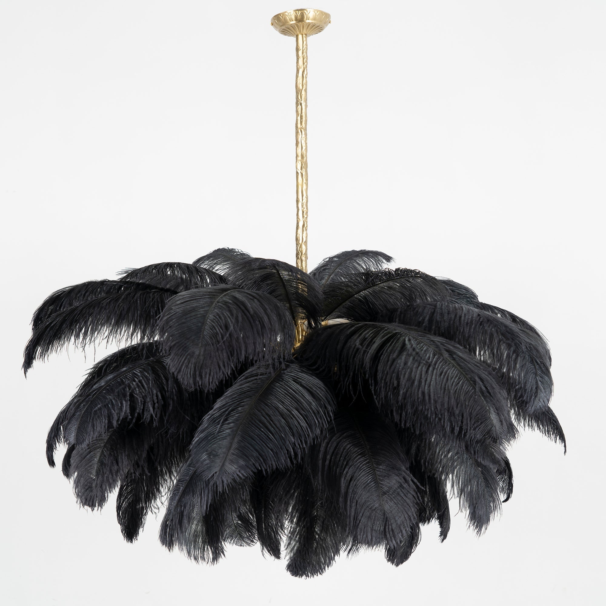 Chandelier, Ostrich Feather Shade, Brass Base, 6x G9, 110 cm