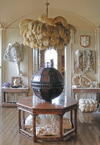 Chandelier, Ostrich Feather Shade, Brass Base, 6x G9, 110 cm