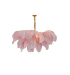 Chandelier, Ostrich Feather Shade, Brass Base, 6x G9, 110 cm
