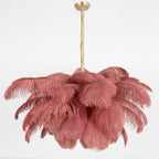 Chandelier, Ostrich Feather Shade, Brass Base, 6x G9, 110 cm