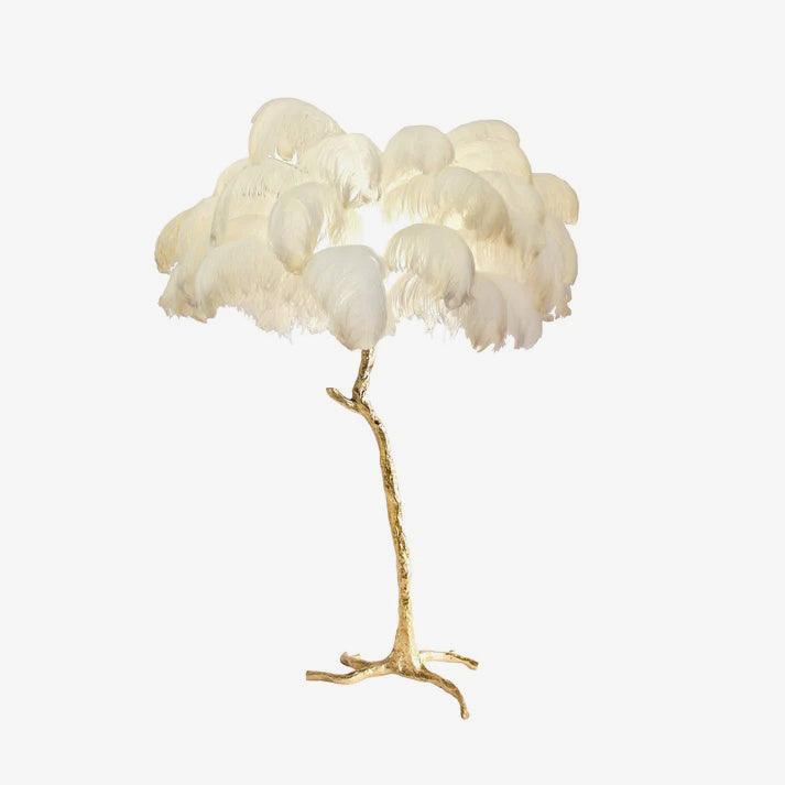 Gulvlampe, skærm af strudsefjer, messingfod, 6x G9, med stik