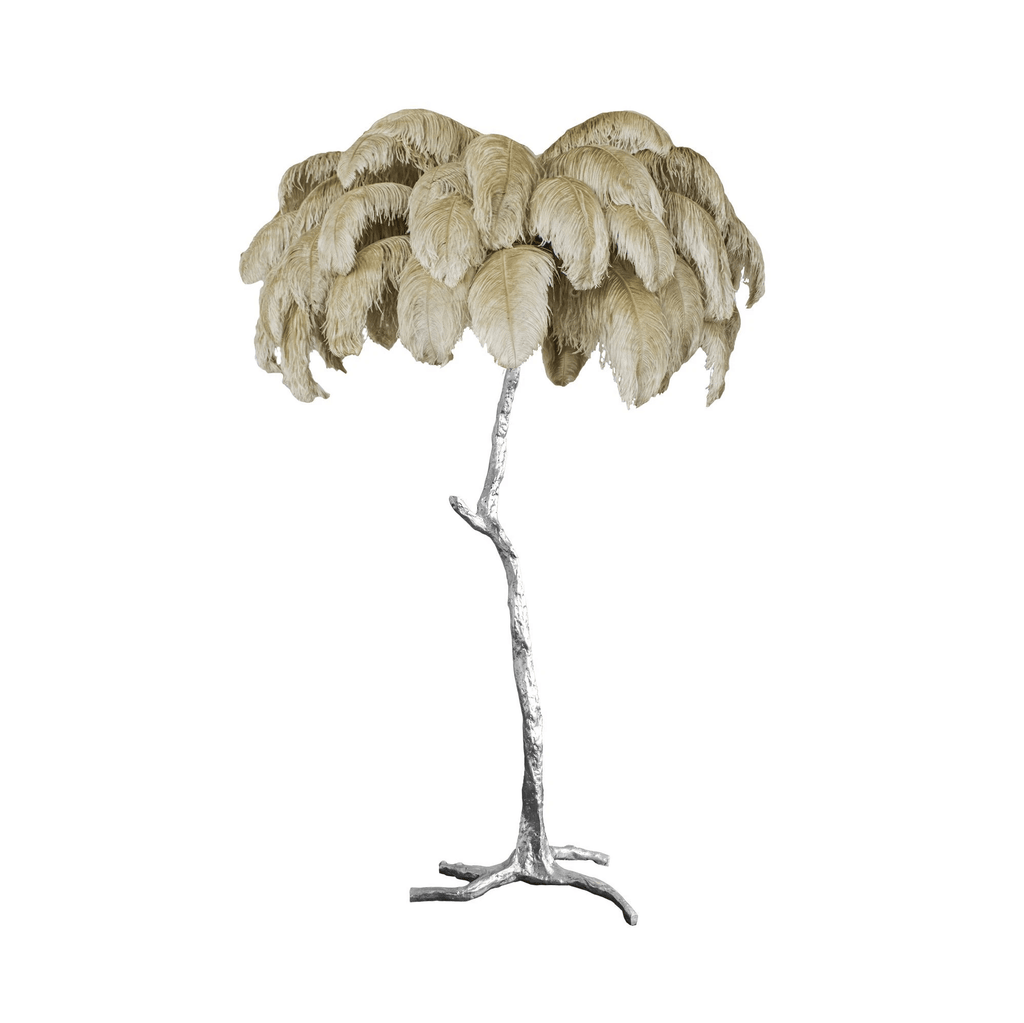 Gulvlampe, skærm af strudsefjer, messingfod, 6x G9, med stik