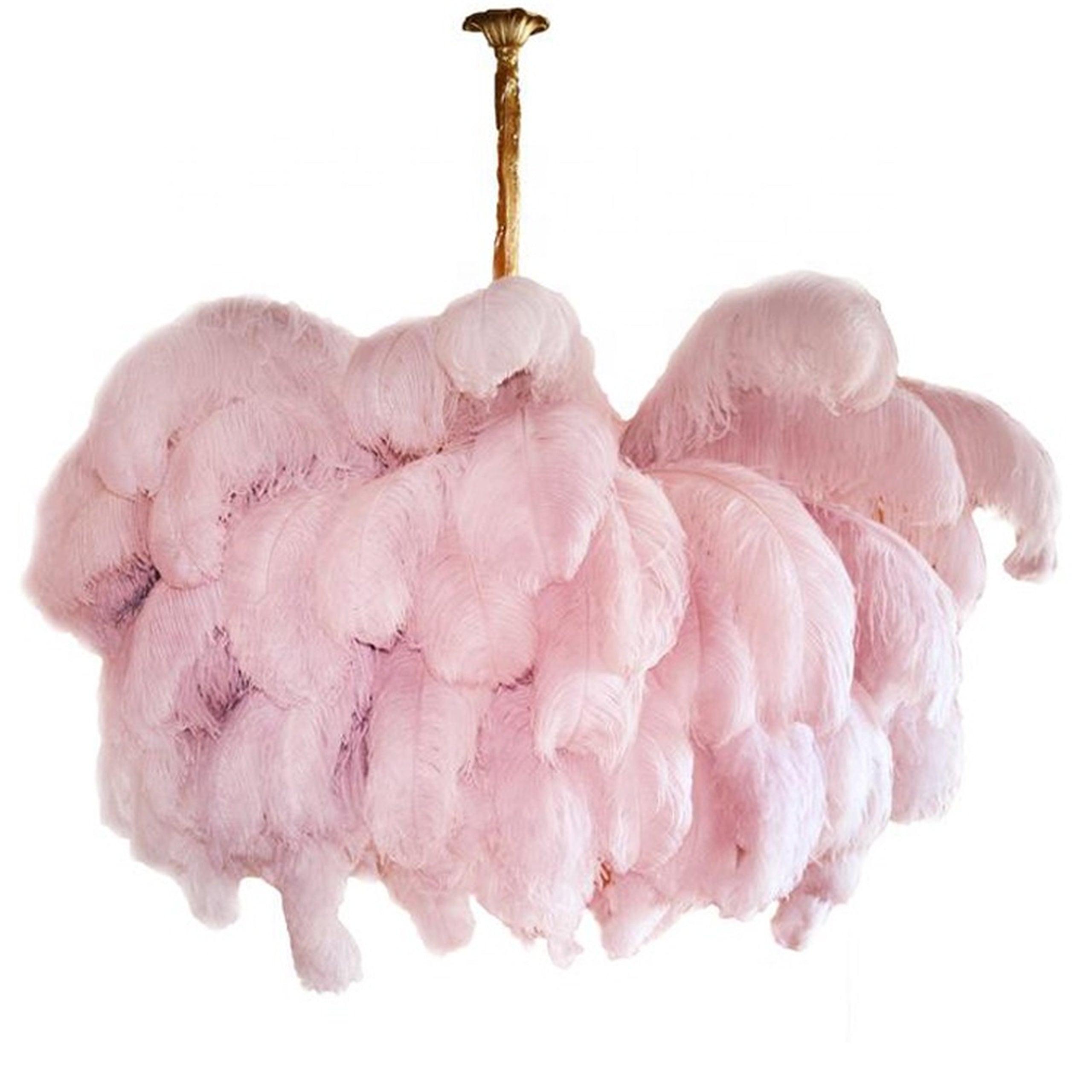 Chandelier, Ostrich Feather Shade, Brass Base, 6x G9, 110 cm