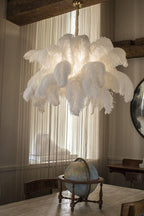 Chandelier, Ostrich Feather Shade, Brass Base, 6x G9, 110 cm