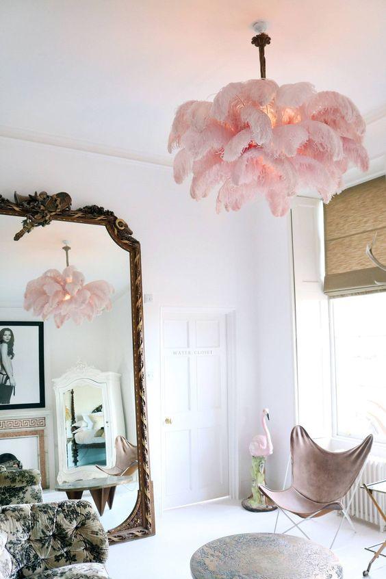 Chandelier, Ostrich Feather Shade, Brass Base, 6x G9, 110 cm