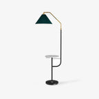 Clérachic fabric floor lamp on a plain white background, angled to show the marble tray jutting from the black pole beneath the green shade.