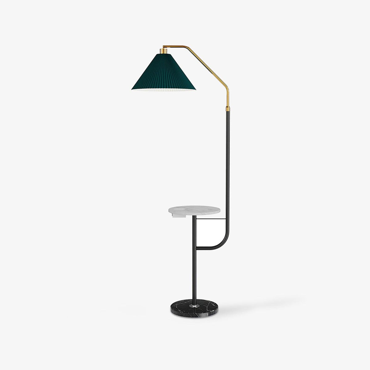 Clérachic fabric floor lamp on a plain white background, angled to show the marble tray jutting from the black pole beneath the green shade.