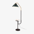 Clérachic fabric floor lamp on a plain white background, full length, green pleated shade above an empty marble tray and black base.