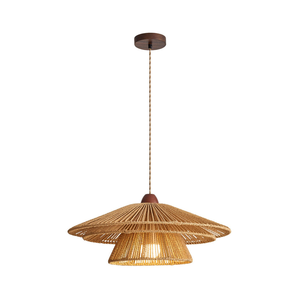 Layered paper-twine tiers and a walnut cap define this Clérachic pendant, shown glowing against a plain background.