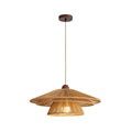 Layered paper-twine tiers and a walnut cap define this Clérachic pendant, shown glowing against a plain background.