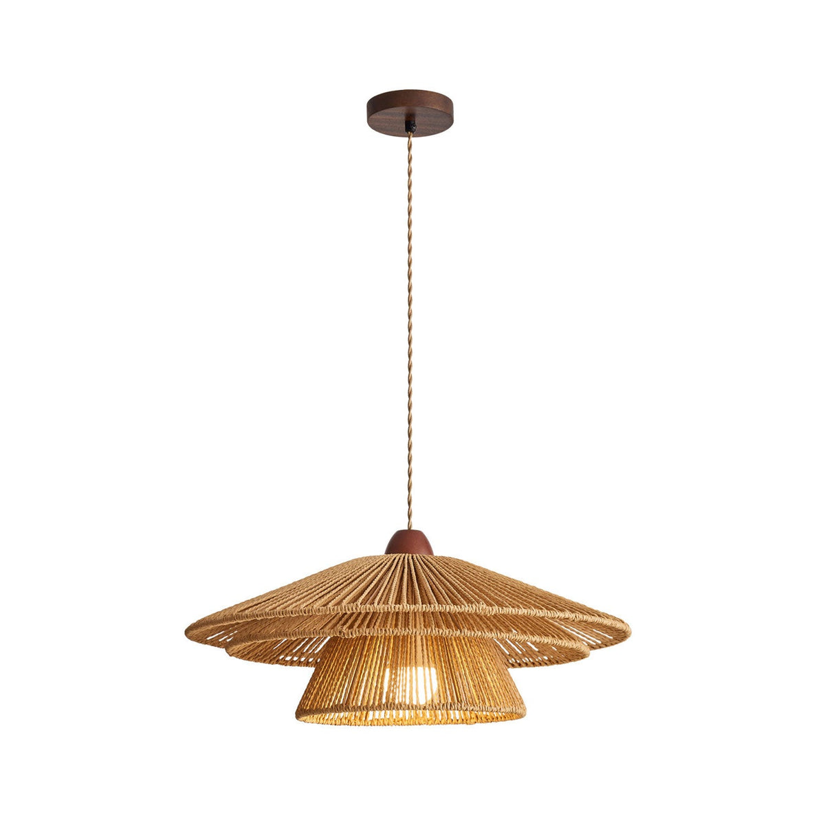 Layered paper-twine tiers and a walnut cap define this Clérachic pendant, shown glowing against a plain background.