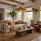 Hanging plants frame this Clérachic pendant, its warm glow spilling over a beamed living room with a patterned sofa.