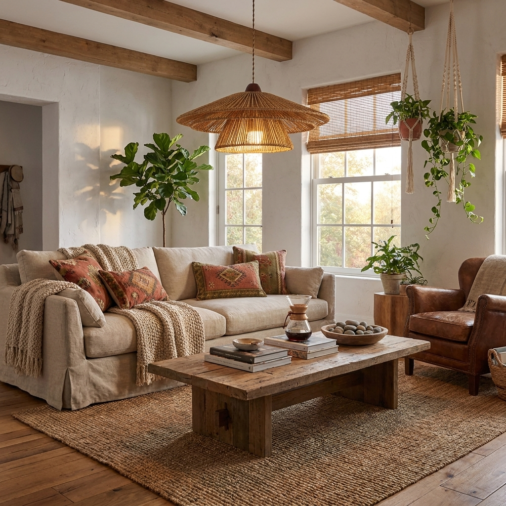 Hanging plants frame this Clérachic pendant, its warm glow spilling over a beamed living room with a patterned sofa.