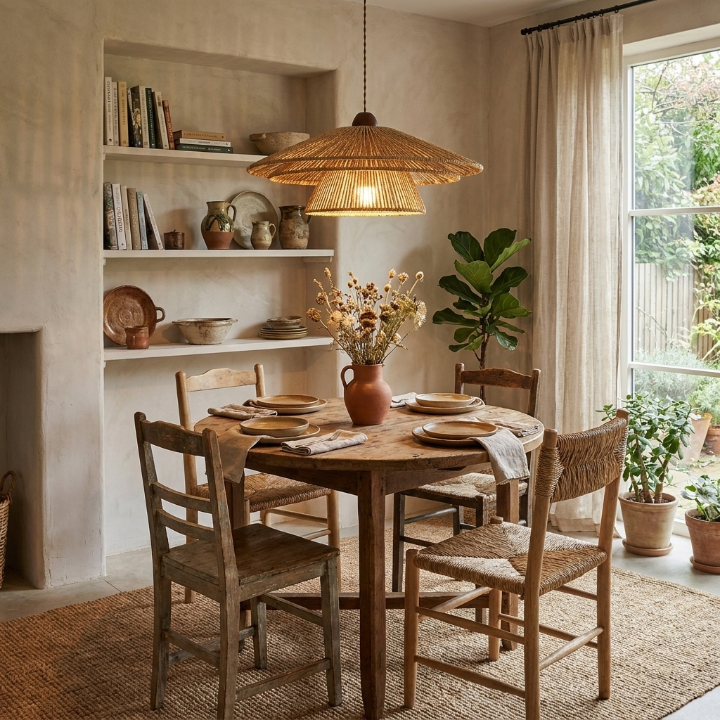 A table set for a meal sits beneath this Clérachic pendant, its light reaching open shelving stacked with pottery.
