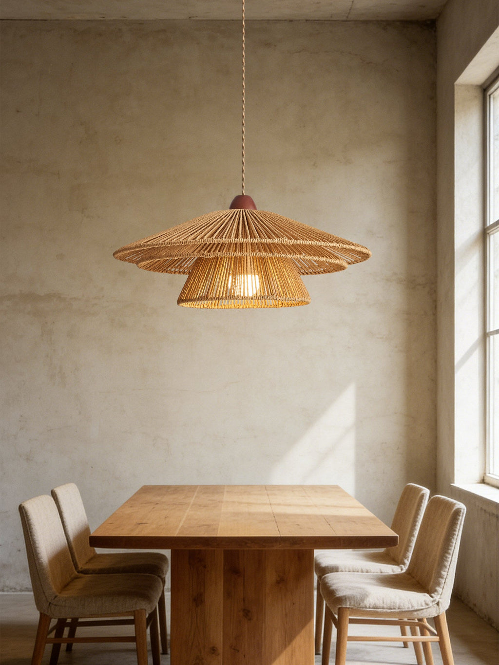 This Clérachic pendant glows warm above a small wood dining table set in a sunlit corner.
