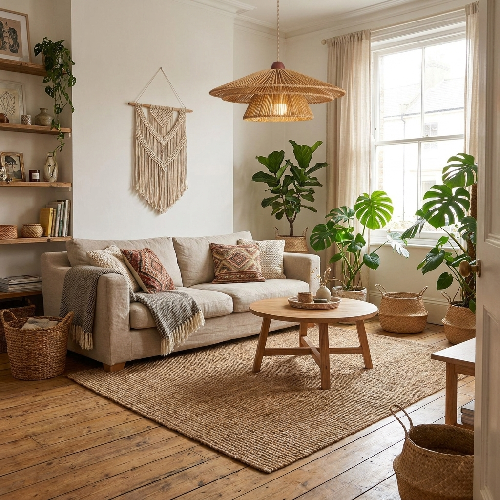 A macrame wall hanging frames this Clérachic pendant's warm glow above a living room sofa and a fiddle-leaf plant.