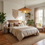 Beneath a macrame wall hanging, this Clérachic pendant glows warm above a bed dressed with patterned cushions.