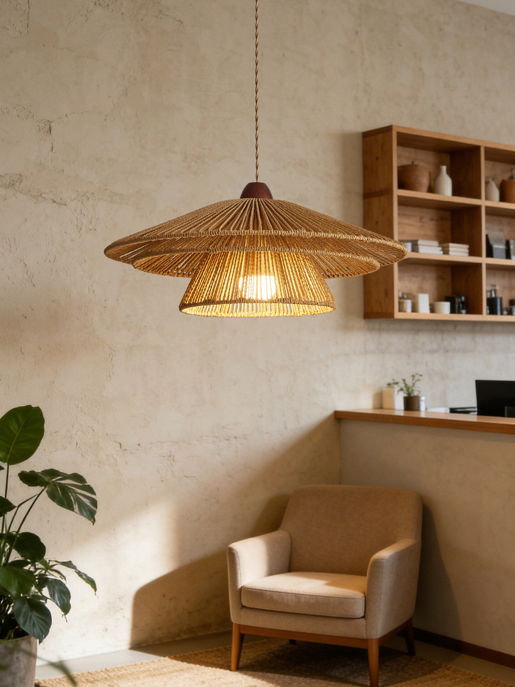 Beside an upholstered armchair, this Clérachic pendant glows warm above open wood shelving lined with pottery.